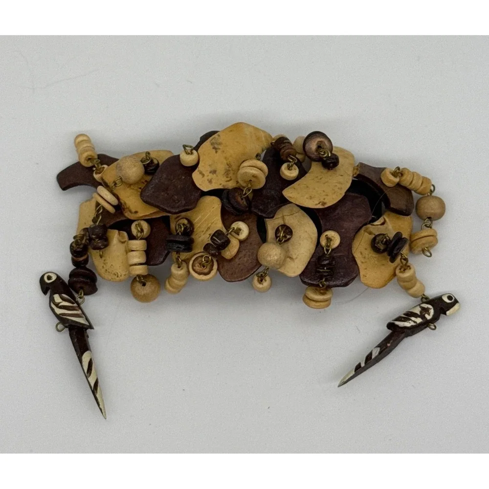 Vintage Tropical Wood Parrot‎ Barrette Beaded Bird Hair Clip Brown Cream Boho